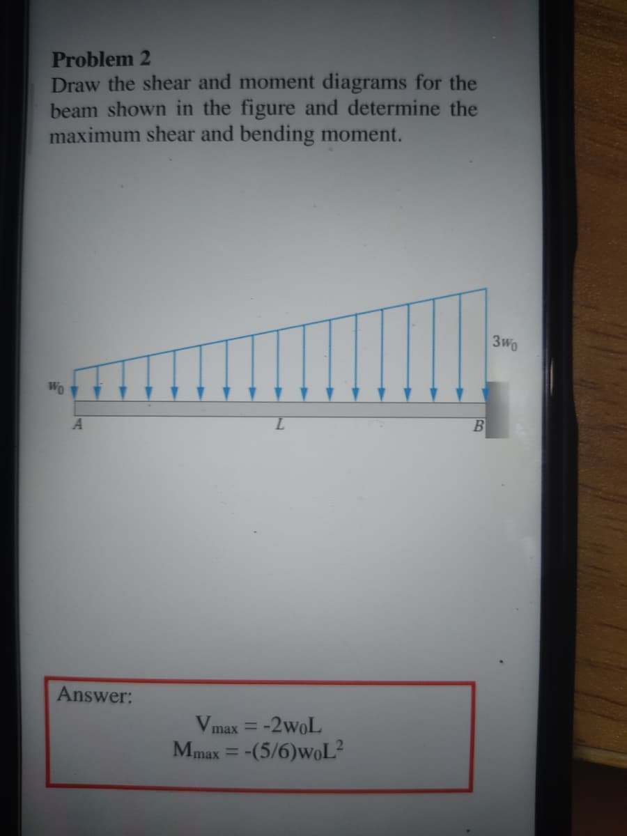 Problem 2
Draw the shear and moment diagrams for the
beam shown in the figure and determine the
maximum shear and bending moment.
3Wo
WO
B
Answer:
Vmax = -2woL
Mmax = -(5/6)woL²
%3D
