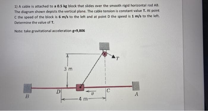 1) A cable is attached to a 0.5 kg block that slides over the smooth rigid horizontal rod AB.
The diagram shown depicts the vertical plane. The cable tension is constant value T. At point
C the speed of the block is 6 m/s to the left and at point D the speed is 1 m/s to the left.
Determine the value of T.
Note: take gravitational acceleration g=9,806
3 m
D
C
A
4 m-
