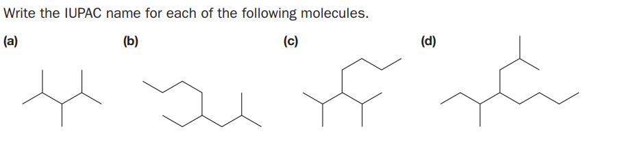 Write the IUPAC name for each of the following molecules.
(a)
(b)
(c)
(d)
