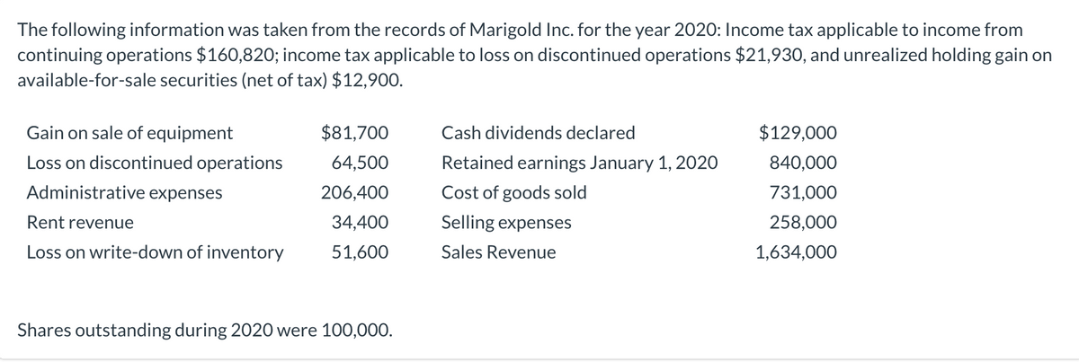 The following information was taken from the records of Marigold Inc. for the year 2020: Income tax applicable to income from
continuing operations $160,820; income tax applicable to loss on discontinued operations $21,930, and unrealized holding gain on
available-for-sale securities (net of tax) $12,900.
Gain on sale of equipment
Loss on discontinued operations
Administrative expenses
Rent revenue
Loss on write-down of inventory
$81,700
64,500
206,400
34,400
51,600
Shares outstanding during 2020 were 100,000.
Cash dividends declared
Retained earnings January 1, 2020
Cost of goods sold
Selling expenses
Sales Revenue
$129,000
840,000
731,000
258,000
1,634,000