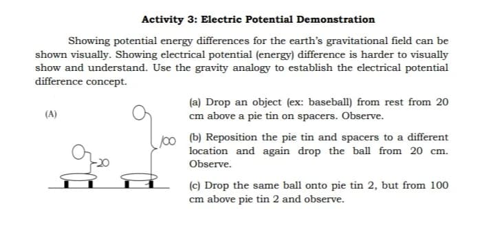Activity 3: Electric Potential Demonstration
Showing potential energy differences for the earth's gravitational field can be
shown visually. Showing electrical potential (energy) difference is harder to visually
show and understand. Use the gravity analogy to establish the electrical potential
difference concept.
(a) Drop an object (ex: baseball) from rest from 20
cm above a pie tin on spacers. Observe.
(A)
00 (b) Reposition the pie tin and spacers to a different
location and again drop the ball from 20 cm.
Observe.
(c) Drop the same ball onto pie tin 2, but from 100
cm above pie tin 2 and observe.
