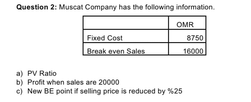 Question 2: Muscat Company has the following information.
OMR
Fixed Cost
8750
Break even Sales
16000
a) PV Ratio
b) Profit when sales are 20000
c) New BE point if selling price is reduced by %25
