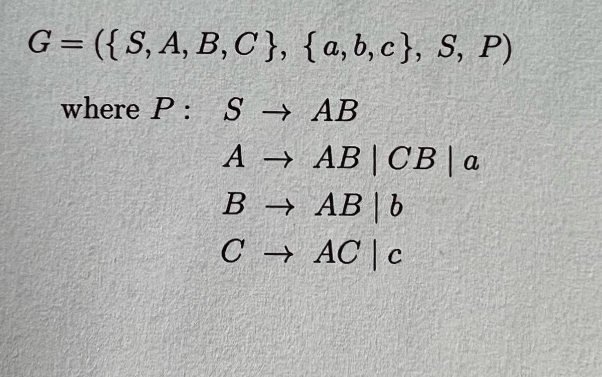 G= ({S, A, B, C}, {a,b,c}, S, P)
where P: SAB
A → AB |CB|a
BAB b
C ACC