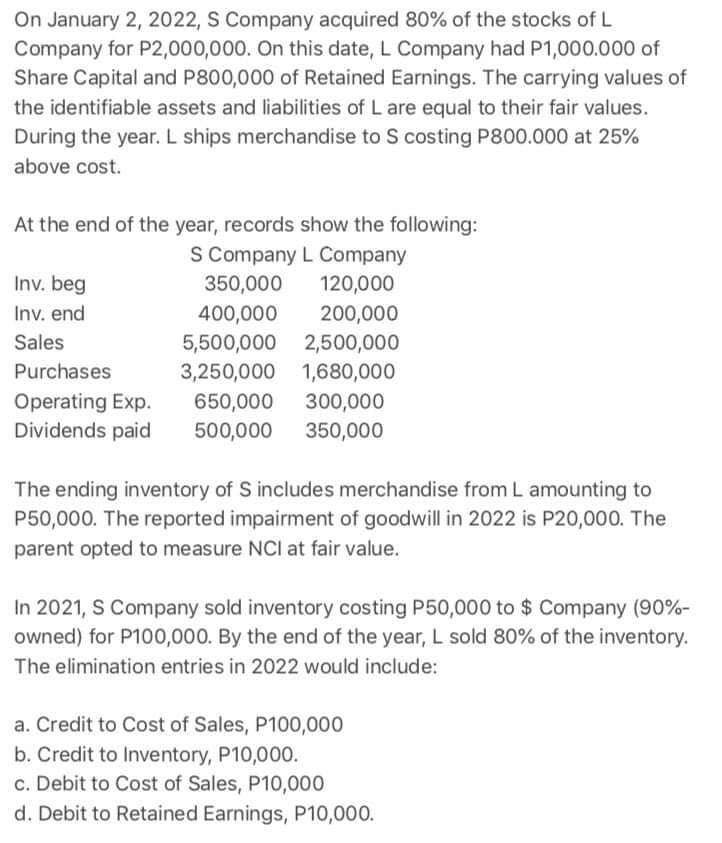 On January 2, 2022, S Company acquired 80% of the stocks of L
Company for P2,000,000. On this date, L Company had P1,000.000 of
Share Capital and P800,000 of Retained Earnings. The carrying values of
the identifiable assets and liabilities of L are equal to their fair values.
During the year. L ships merchandise to S costing P800.000 at 25%
above cost.
At the end of the year, records show the following:
S Company L Company
Inv. beg
350,000
120,000
Inv. end
400,000
5,500,000 2,500,000
3,250,000 1,680,000
200,000
Sales
Purchases
Operating Exp.
Dividends paid
650,000
300,000
500,000
350,000
The ending inventory of S includes merchandise from L amounting to
P50,000. The reported impairment of goodwill in 2022 is P20,000. The
parent opted to measure NCI at fair value.
In 2021, S Company sold inventory costing P50,000 to $ Company (90%-
owned) for P100,000. By the end of the year, L sold 80% of the inventory.
The elimination entries in 2022 would include:
a. Credit to Cost of Sales, P100,000
b. Credit to Inventory, P10,000.
c. Debit to Cost of Sales, P10,000
d. Debit to Retained Earnings, P10,000.
