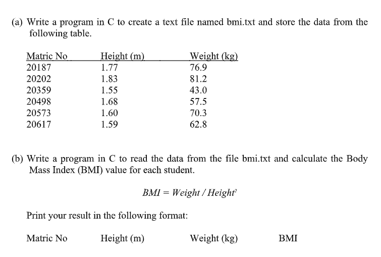 (a) Write a program in C to create a text file named bmi.txt and store the data from the
following table.
Matric No
Height (m)
1.77
Weight (kg)
20187
76.9
20202
1.83
81.2
20359
1.55
43.0
20498
1.68
57.5
20573
1.60
70.3
20617
1.59
62.8
(b) Write a program in C to read the data from the file bmi.txt and calculate the Body
Mass Index (BMI) value for each student.
BMI = Weight / Height
Print your result in the following format:
Matric No
Height (m)
Weight (kg)
BMI
