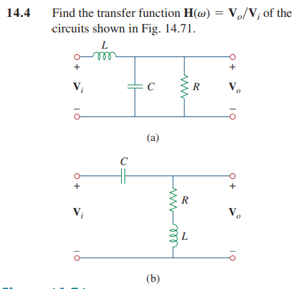 Find the transfer function H(@) = V/V; of the
circuits shown in Fig. 14.71.
14.4
L
+
ell
+
C
R
V.
(a)
C
+
R
V.
L
(b)
ww
