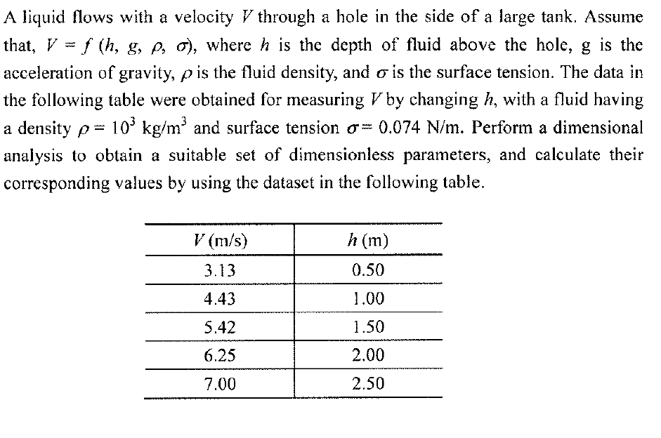 A liquid flows with a velocity V through a hole in the side of a large tank. Assume
that, V = f (h, g, p, o), where h is the depth of fluid above the hole, g is the
acceleration of gravity, p is the fluid density, and o is the surface tension. The data in
the following table were obtained for measuring V by changing h, with a fluid having
a density p= 10' kg/m' and surface tension o= 0.074 N/m. Perform a dimensional
analysis to obtain a suitable set of dimensionless parameters, and calculate their
corresponding values by using the dataset in the following table.
V (m/s)
h (m)
3.13
0.50
4.43
1.00
5.42
1.50
6.25
2.00
7.00
2.50
