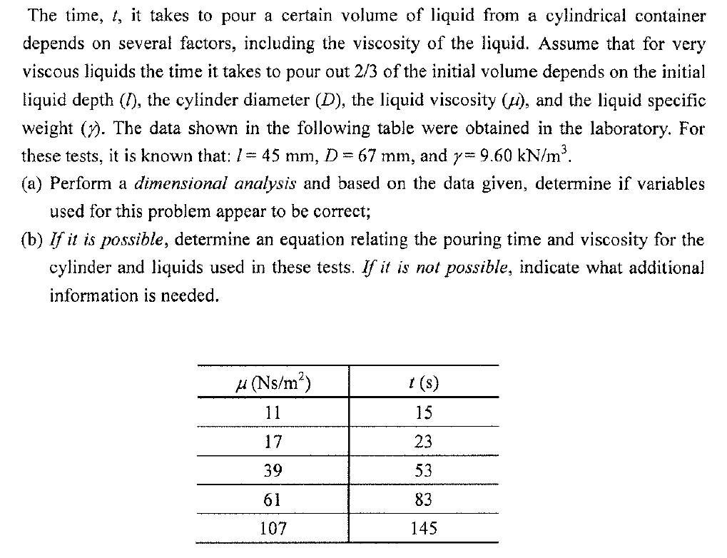 The time, t, it takes to pour a certain volume of liquid from a cylindrical container
depends on several factors, including the viscosity of the liquid. Assume that for very
viscous liquids the time it takes to pour out 2/3 of the initial volume depends on the initial
liquid depth (7), the cylinder diameter (D), the liquid viscosity (i), and the liquid specific
weight (). The data shown in the following table were obtained in the laboratory. For
mm,
these tests, it is known that: 1= 45 mm, D= 67
y= 9.60 kN/m?.
and
(a) Perform a dimensional analysis and based on the data given, determine if variables
used for this problem appear to be correct;
(b) If it is possible, determine an equation relating the pouring time and viscosity for the
cylinder and liquids used in these tests. If it is not possible, indicate what additional
information is needed.
H (Ns/m?)
t (s)
11
15
17
23
39
53
61
83
107
145
