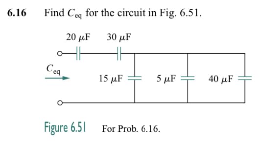 6.16
Find Ceq for the circuit in Fig. 6.51.
20 μF
30 μF
Ceq
Figure 6.51
15 μF =
5 μF
For Prob. 6.16.
40 μF
