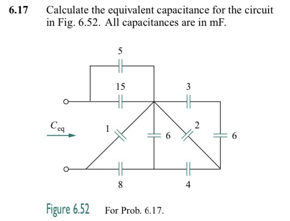 6.17
Calculate the equivalent capacitance for the circuit
in Fig. 6.52. All capacitances are in mF.
Cea
Figure 6.52
1
5
15
8
For Prob. 6.17.
6
3
4
6