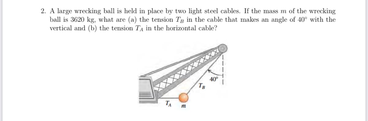 2. A large wrecking ball is held in place by two light steel cables. If the mass m of the wrecking
ball is 3620 kg, what are (a) the tension TB in the cable that makes an angle of 40° with the
vertical and (b) the tension TA in the horizontal cable?
XXXXXXXXXX
40°
ΤΑ
m
TB