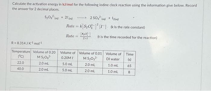 Calculate the activation energy in kJ/mol for the following iodine clock reaction using the information give below. Record
the answer for 2 decimal places.
S,0, na + 21'ag)
......> 2 SO, ao) + I2lag)
Rate = k[S2O] (I-] (kis the rate constant)
%3D
Rate =
(t is the time recorded for the reaction)
2xt
R= 8.314 J K mol1
Temperature Volume of 0.20
Volume of Volume of 0,01 Volume of
Time
°C)
M S,0,2
0.20M I
M S20,?
DI water
(s)
22.0
2.0 mL
5.0 ml
2.0 ml
1.0 ml
65
40,0
2.0 mL
5.0 ml
2.0 ml
1.0 ml
8.
