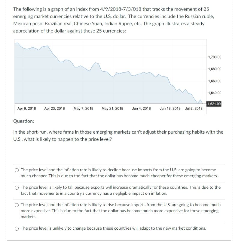 The following is a graph of an index from 4/9/2018-7/3/018 that tracks the movement of 25
emerging market currencies relative to the U.S. dollar. The currencies include the Russian ruble,
Mexican peso, Brazilian real, Chinese Yuan, Indian Rupee, etc. The graph illustrates a steady
appreciation of the dollar against these 25 currencies:
Apr 9, 2018
Apr 23, 2018 May 7, 2018 May 21, 2018
Jun 4, 2018 Jun 18, 2018 Jul 2, 2018
1,700.00
1,680.00
1,660.00
1,640.00
1,621.99
Question:
In the short-run, where firms in those emerging markets can't adjust their purchasing habits with the
U.S., what is likely to happen to the price level?
The price level and the inflation rate is likely to decline because imports from the U.S. are going to become
much cheaper. This is due to the fact that the dollar has become much cheaper for these emerging markets.
The price level is likely to fall because exports will increase dramatically for these countries. This is due to the
fact that movements in a country's currency has a negligible impact on inflation.
The price level and the inflation rate is likely to rise because imports from the U.S. are going to become much
more expensive. This is due to the fact that the dollar has become much more expensive for these emerging
markets.
O The price level is unlikely to change because these countries will adapt to the new market conditions.