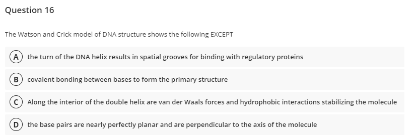 Question 16
The Watson and Crick model of DNA structure shows the following EXCEPT
A the turn of the DNA helix results in spatial grooves for binding with regulatory proteins
B covalent bonding between bases to form the primary structure
C Along the interior of the double helix are van der Waals forces and hydrophobic interactions stabilizing the molecule
D the base pairs are nearly perfectly planar and are perpendicular to the axis of the molecule
