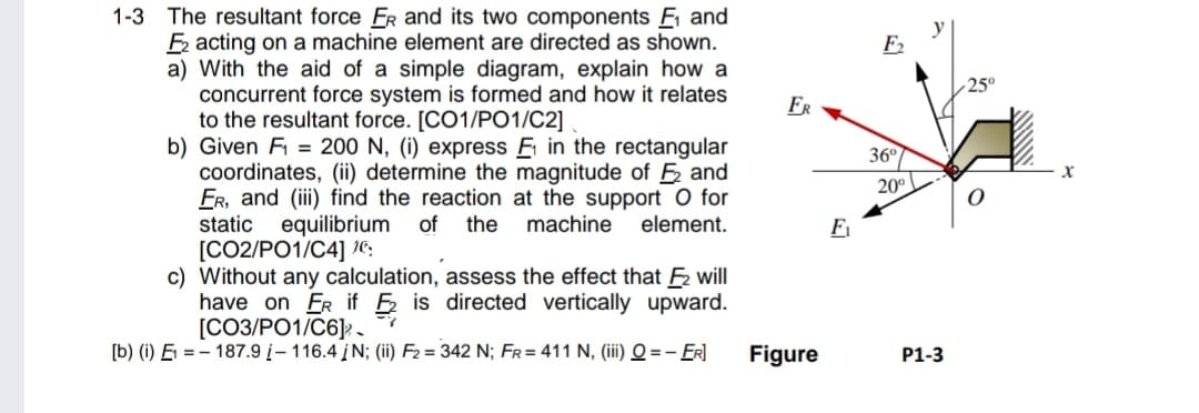 1-3 The resultant force ER and its two components F₁ and
F₂ acting on a machine element are directed as shown.
a) With the aid of a simple diagram, explain how a
concurrent force system is formed and how it relates
to the resultant force. [CO1/PO1/C2]
b) Given F₁ = 200 N, (i) express E in the rectangular
coordinates, (ii) determine the magnitude of F₂ and
FR, and (iii) find the reaction at the support O for
static equilibrium of the machine element.
[CO2/PO1/C4] 16:
c) Without any calculation, assess the effect that F₂ will
have on FR if F2 is directed vertically upward.
[CO3/PO1/C6]
[b) (i) E₁ =187.9 i-116.4 i N; (ii) F2 = 342 N; FR = 411 N, (iii) Q=-ER]
FR
Figure
F₁
F₂
36°
20⁰
P1-3
25⁰
X