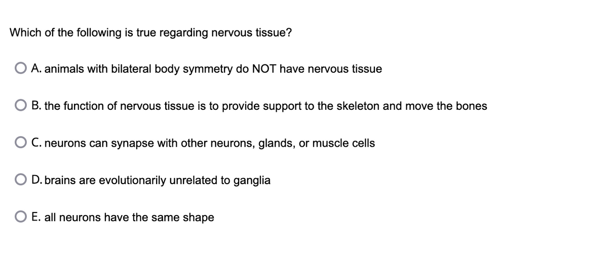 Which of the following is true regarding nervous tissue?
A. animals with bilateral body symmetry do NOT have nervous tissue
B. the function of nervous tissue is to provide support to the skeleton and move the bones
C. neurons can synapse with other neurons, glands, or muscle cells
D. brains are evolutionarily unrelated to ganglia
E. all neurons have the same shape