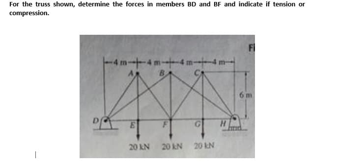 For the truss shown, determine the forces in members BD and BF and indicate if tension or
compression.
Fi
-4 m+4m-
4 m-4
B.
6 m
20 kN 20 kN
20 kN
