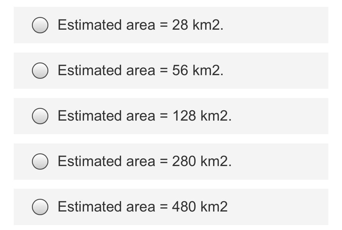 Estimated area =
28 km2.
Estimated area = 56 km2.
Estimated area = 128 km2.
Estimated area = 280 km2.
Estimated area = 480 km2
