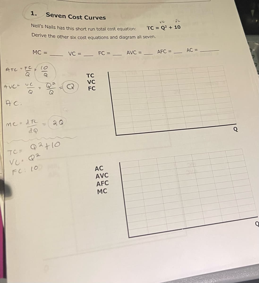 1.
Seven Cost Curves
ve PL
TC = Q² + 10
Neil's Nails has this short run total cost equation:
Derive the other six cost equations and diagram all seven.
MC =
VC =
FC =
AVC =
AFC =
AC =
AFC - FC
Q
10
TC
A VC
VC
FC
A Ci
%3D
Q2+10
TC=
FC: 10
AC
AVC
AFC
MC
