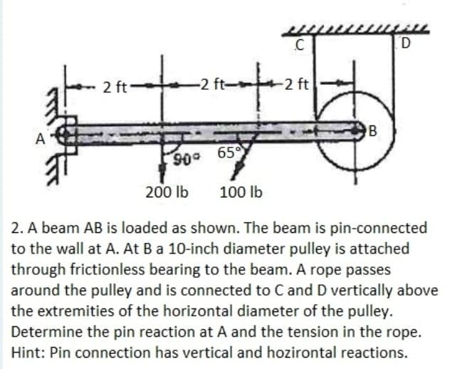 2 ft
-2 ft
2 ft
A
90 65
200 lb
100 lb
2. A beam AB is loaded as shown. The beam is pin-connected
to the wall at A. At Ba 10-inch diameter pulley is attached
through frictionless bearing to the beam. A rope passes
around the pulley and is connected to C and D vertically above
the extremities of the horizontal diameter of the pulley.
Determine the pin reaction at A and the tension in the rope.
Hint: Pin connection has vertical and hozirontal reactions.
