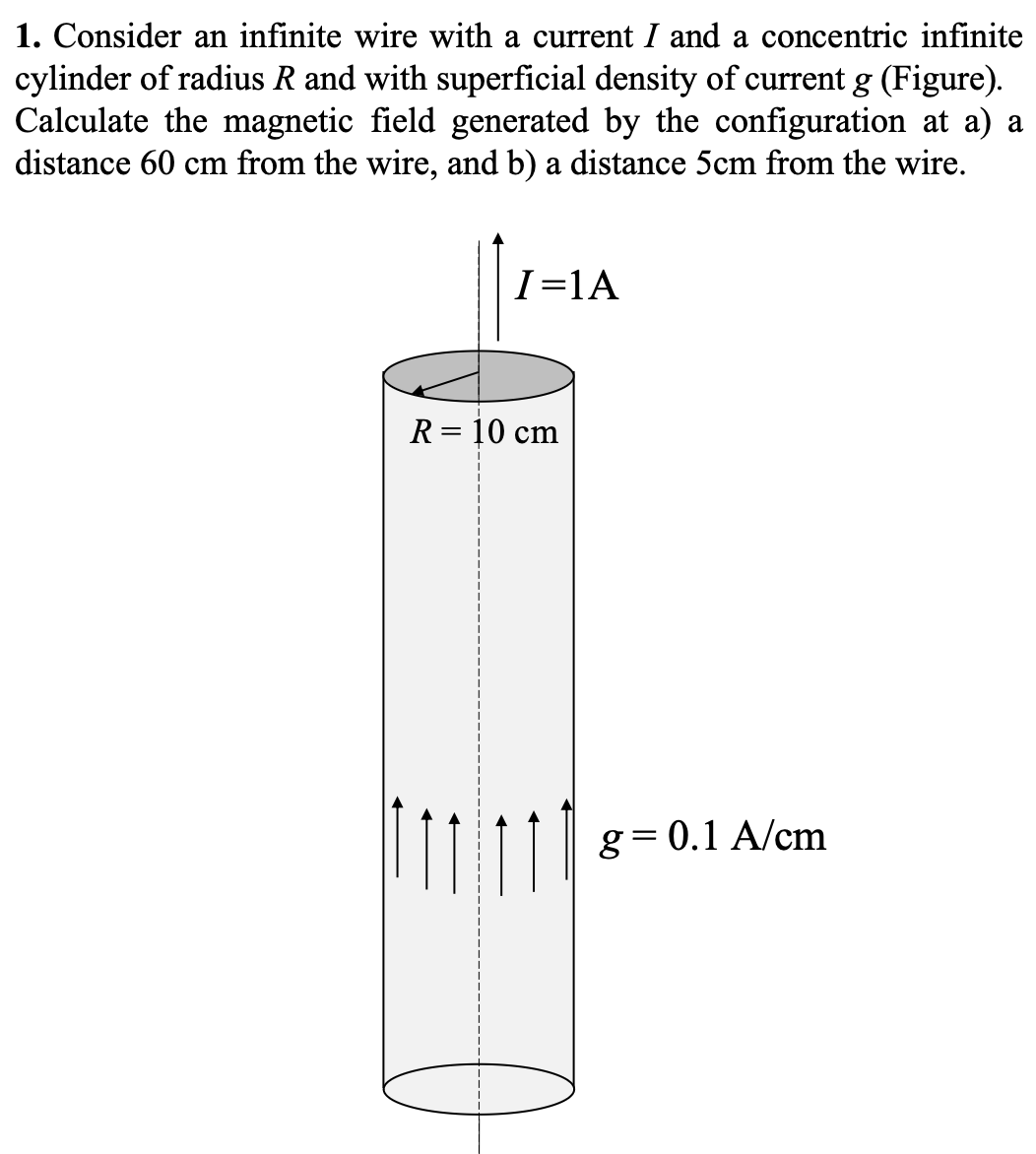 1. Consider an infinite wire with a current I and a concentric infinite
cylinder of radius R and with superficial density of current g (Figure).
Calculate the magnetic field generated by the configuration at a) a
distance 60 cm from the wire, and b) a distance 5cm from the wire.
I=1A
R = 10 cm
g=0.1 A/cm