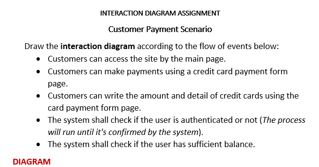 INTERACTION DIAGRAM ASSIGNMENT
Customer Payment Scenario
Draw the interaction diagram according to the flow of events below:
• Customers can access the site by the main page.
• Customers can make payments using a credit card payment form
page.
• Customers can write the amount and detail of credit cards using the
card payment form page.
• The system shall check if the user is authenticated or not (The process
will run until it's confirmed by the system).
• The system shall check if the user has sufficient balance.
DIAGRAM
