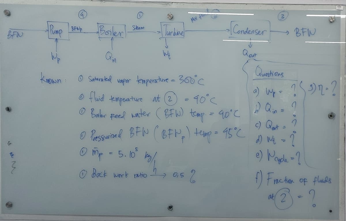 BFN
-Pump
known.
BFN₂
Boiler
Qin
in
Skam
23/1
Turbine
Bock work ratio
Wt
Saturated vapor temperature = 300°C
Ⓒ fluid temperature at (2
= 90°C
Ⓒ Basler peed water (BFW) temp. = 90°C
Ⓒ Pressurized BFN (BFN₂) temp = 95°C
5
Ⓒ m₂ = 5.10°
Mix
> 0,5
Condenser
ţ
Qout
2
3
→BFW
Questions
Wp
=
=
? (2)n- ?
0
=
?
7
c) Qout
O
1₁ = 2
e) Wayde -?
f) Fraction of fluids
at 2
O