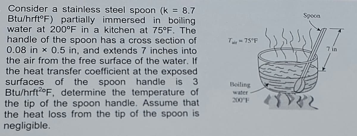 Consider a stainless steel spoon (k = 8.7
Btu/hrft°F) partially immersed in boiling
water at 200°F in a kitchen at 75°F. The
handle of the spoon has a cross section of
0.08 in x 0.5 in, and extends 7 inches into
the air from the free surface of the water. If
the heat transfer coefficient at the exposed
surfaces of the spoon handle is 3
Btu/hrft²ºF, determine the temperature of
the tip of the spoon handle. Assume that
the heat loss from the tip of the spoon is
negligible.
Tair = 75°F
Boiling
water
200°F
Spoon
7 in