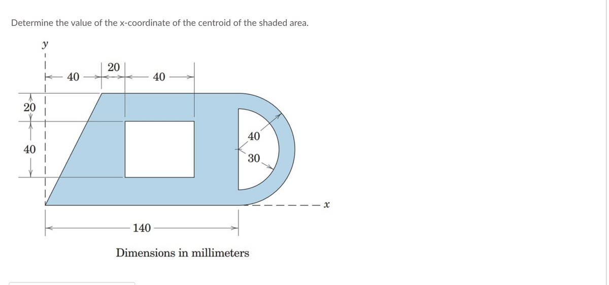 Determine the value of the x-coordinate of the centroid of the shaded area.
20
40
y
1
40
20
140
40
40
30
Dimensions in millimeters
X