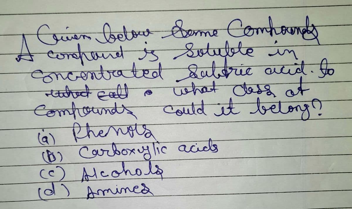 Criven below Some Compounds
compound is Soluble in
Soncentrated Subtric acid. to
that call
what class at
Compounds could it belong?
(9) Rhenots
(1) Carboxylic acids
(c) Alcohols
(d) Amines