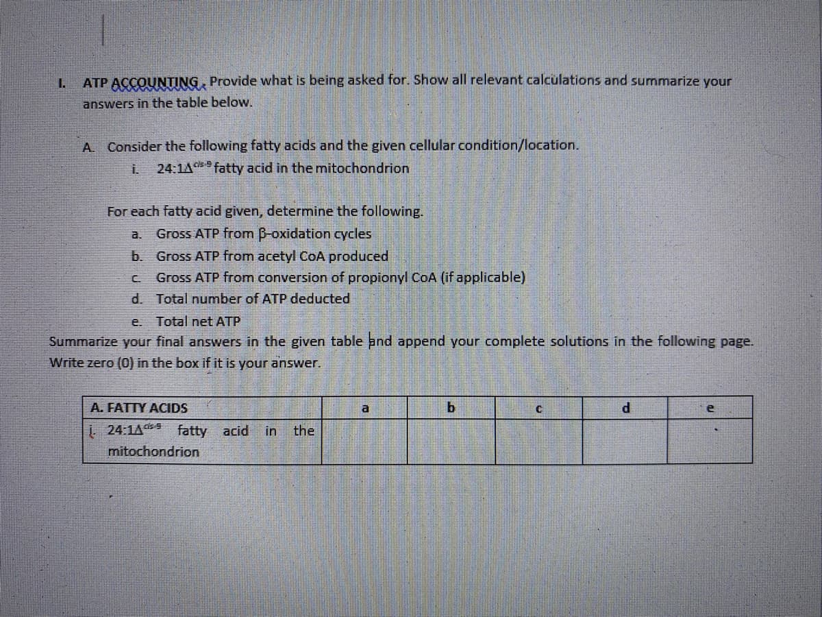 I.
ATP ACCOUNTING Provide what is being asked for. Show all relevant calculations and summarize your
answers in the table below.
A. Consider the following fatty acids and the given cellular condition/location.
İ. 24:1A fatty acid in the mitochondrion
For each fatty acid given, determine the following.
a. Gross ATP from ß-oxidation cycles
b.
Gross ATP from acetyl CoA produced
C
Gross ATP from conversion of propionyl CoA (if applicable)
d.
Total number of ATP deducted
e. Total net ATP
Summarize your final answers in the given table and append your complete solutions in the following page.
Write zero (0) in the box if it is your answer.
A. FATTY ACIDS
a
b
C
d
į. 24:14 fatty acid in the
mitochondrion