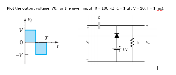 Plot the output voltage, V0, for the given input (R = 100 k2, C = 1 µF, V = 10, T= 1 ms).
V
V,
V.
5 V
-V
|
R.
