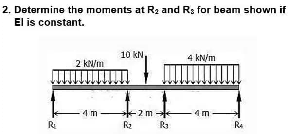 2. Determine the moments at R2 and R3 for beam shown if
El is constant.
10 kN
4 kN/m
2 kN/m
4 m
2 m-
4 m
R1
R2
R3
R4
