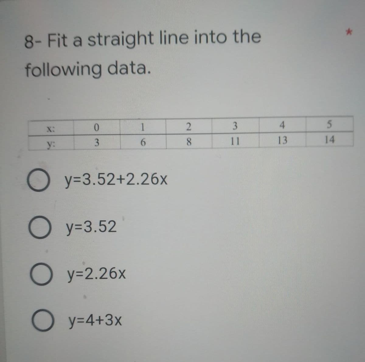 8- Fit a straight line into the
following data.
X:
0
1
2
3
4
3
y:
6
11
13
Oy=3.52+2.26x
Oy=3.52
O y=2.26x
O y=4+3x
8
5
14