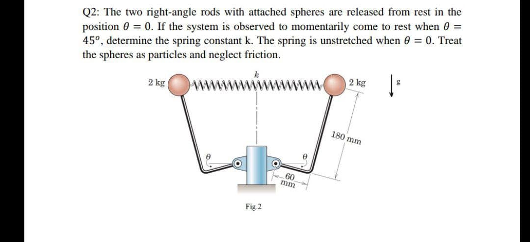 Q2: The two right-angle rods with attached spheres are released from rest in the
position = 0. If the system is observed to momentarily come to rest when 0 =
45°, determine the spring constant k. The spring is unstretched when 0 = 0. Treat
the spheres as particles and neglect friction.
k
2 kg
2 kg
180 mm
Fig.2
60
mm