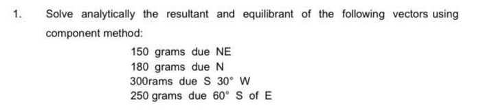 1.
Solve analytically the resultant and equilibrant of the following vectors using
component method:
150 grams due NE
180 grams due N
300rams due S 30° W
250 grams due 60° S of E