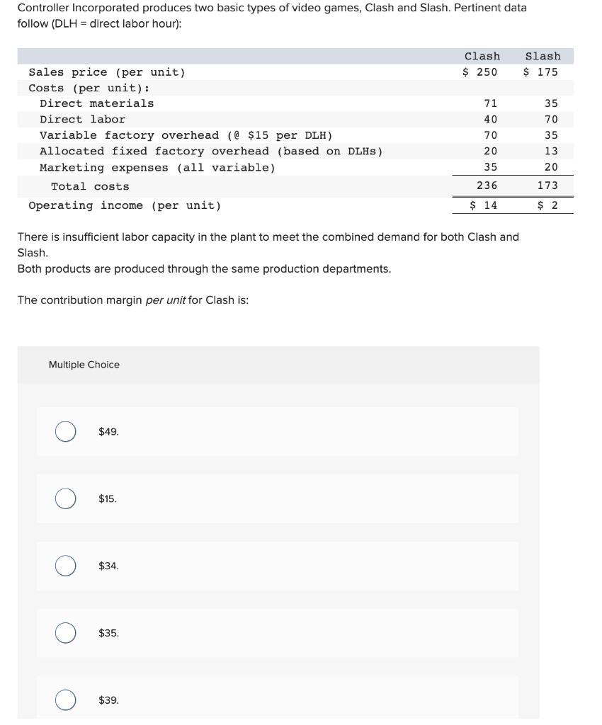 Controller Incorporated produces two basic types of video games, Clash and Slash. Pertinent data
follow (DLH = direct labor hour):
Sales price (per unit)
Costs (per unit):
Direct materials.
Direct labor
Variable factory overhead (@$15 per DLH)
Allocated fixed factory overhead (based on DLHS)
Marketing expenses (all variable)
Total costs
Operating income (per unit)
Multiple Choice
There is insufficient labor capacity in the plant to meet the combined demand for both Clash and
Slash.
Both products are produced through the same production departments.
The contribution margin per unit for Clash is:
O
O
O
O
$49.
$15.
$34.
$35.
Clash
$ 250
$39.
71
40
70
20
35
236
$ 14
Slash
$ 175
35
70
35
13
20
173
$ 2