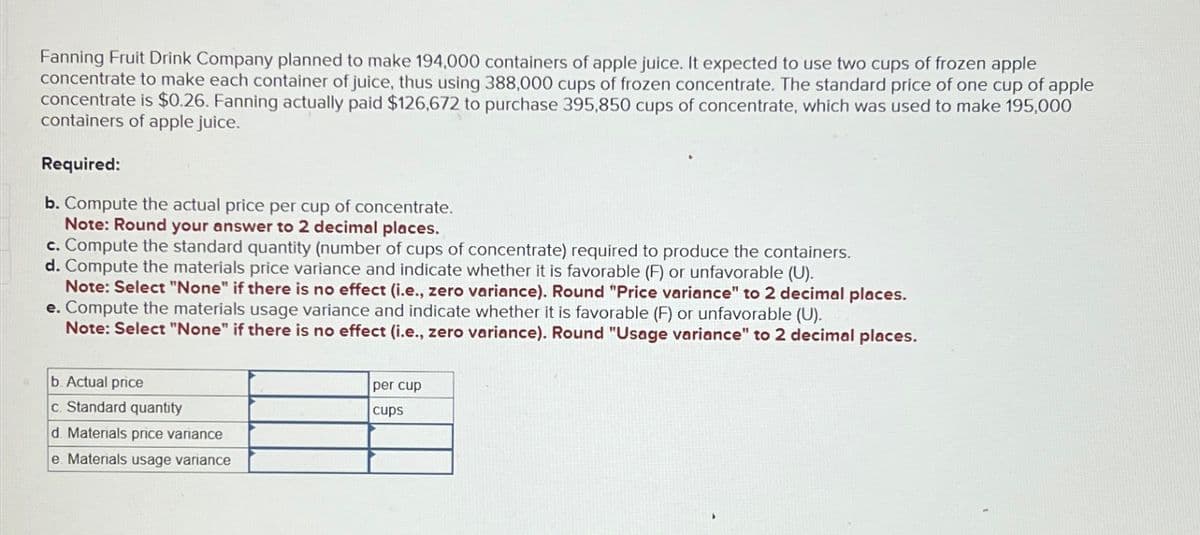 Fanning Fruit Drink Company planned to make 194,000 containers of apple juice. It expected to use two cups of frozen apple
concentrate to make each container of juice, thus using 388,000 cups of frozen concentrate. The standard price of one cup of apple
concentrate is $0.26. Fanning actually paid $126,672 to purchase 395,850 cups of concentrate, which was used to make 195,000
containers of apple juice.
Required:
b. Compute the actual price per cup of concentrate.
Note: Round your answer to 2 decimal places.
c. Compute the standard quantity (number of cups of concentrate) required to produce the containers.
d. Compute the materials price variance and indicate whether it is favorable (F) or unfavorable (U).
Note: Select "None" if there is no effect (i.e., zero variance). Round "Price variance" to 2 decimal places.
e. Compute the materials usage variance and indicate whether it is favorable (F) or unfavorable (U).
Note: Select "None" if there is no effect (i.e., zero variance). Round "Usage variance" to 2 decimal places.
b. Actual price
c. Standard quantity
d. Materials price variance
e. Materials usage variance
per cup
cups