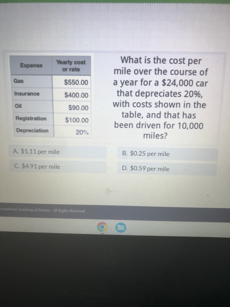 Expense
Gas
Insurance
Oil
Registration
Depreciation
Yearly cost
or rate
A. $1.11 per mile
C. $4.91 per mile
$550.00
$400.00
$90.00
$100.00
20%
Fernational Academy of Science. All Rights Reserved.
O
What is the cost per
mile over the course of
a year for a $24,000 car
that depreciates 20%,
with costs shown in the
table, and that has
been driven for 10,000
miles?
B. $0.25 per mile
D.
$0.59 per mile
