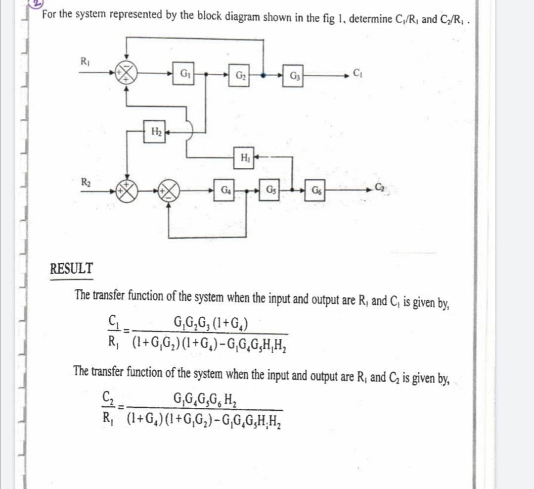 For the system represented by the block diagram shown in the fig 1, determine C₁/R₁ and C₂/R₁.
R₁
C₁
$900
G₁
G₂
G3
H₂
H₁
R₂
G4
Gs
G6
RESULT
The transfer function of the system when the input and output are R₁ and C₁ is given by,
G,G,G, (1+G₂)
G₁-
R₁
(1+G₁G₂)(1+G₂)—G₁G₂G,H₁H₂
The transfer function of the system when the input and output are R, and C₂ is given by,
C₂
G,G,G,Gµ H₂
R₁
(1+G₂)(1+G₁G₂)—G₁G₂G,H;H₂
