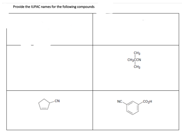 Provide the IUPAC names for the following compounds.
CH3
CH3CCN
ČH3
-CN
NC.
CO2H
