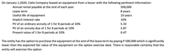 On January 1,2020, Cielo Company leased an equipment from a lessor with the following pertinent information:
500,000
8 years
Annual rental payable at the end of each year
Lease term
Useful life of equipment
10 years
Implicit interest rate
10%
PV of an ordinary annuity of 1 for 8 periods at 10%
5.33
PV of an annuity due of 1 for 8 periods at 10%
Present value of 1 for 8 periods at 10%
5.87
0.47
The entity has the option to purchase the equipment at the end of the lease term by paying P S00,000 which is significantly
lower than the expected fair value of the equipment on the option exercise date. There is reasonable certainty that the
entity will exercise the option.
