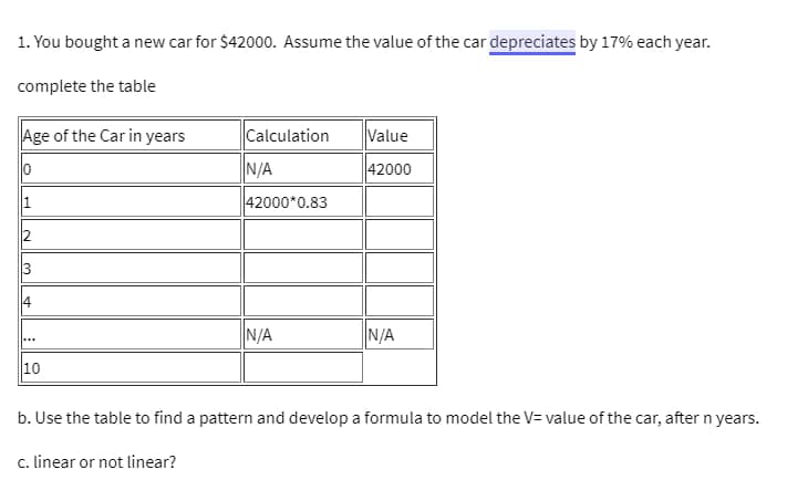 1. You bought a new car for $42000. Assume the value of the car depreciates by 17% each year.
complete the table
Age of the Car in years
10
4
10
Calculation
N/A
42000*0.83
N/A
Value
42000
N/A
b. Use the table to find a pattern and develop a formula to model the V= value of the car, after n years.
c. linear or not linear?