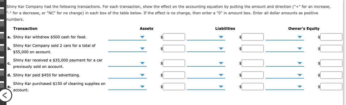 Shiny Kar Company had the following transactions. For each transaction, show the effect on the accounting equation by putting the amount and direction ("+" for an increase,
"-" for a decrease, or "NC" for no change) in each box of the table below. If the effect is no change, then enter a "0" in amount box. Enter all dollar amounts as positive
numbers.
Owner's Equity
Transaction
Assets
Liabilities
a. Shiny Kar withdrew $500 cash for food.
Shiny Kar Company sold 2 cars for a total of
b.
$55,000 on account.
Shiny Kar received a $35,000 payment for a car
C.
$4
previously sold on account.
d. Shiny Kar paid $450 for advertising.
Shiny Kar purchased $150 of cleaning supplies on
e.
account.

