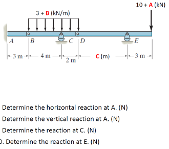 10 + A (kN)
3 + B (kN/m)
A
B
C |D
-3 m-- 4 m
C (m)
+- 3 m →
2 m
Determine the horizontal reaction at A. (N)
Determine the vertical reaction at A. (N)
Determine the reaction at C. (N)
D. Determine the reaction at E. (N)

