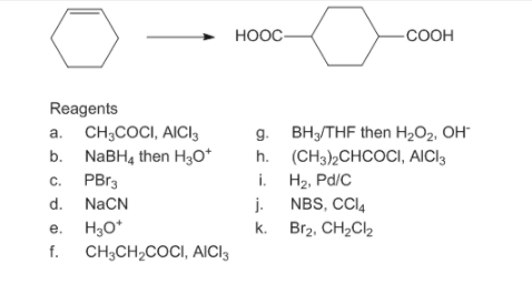 HOOC-
-COOH
Reagents
a. CH;COCI, AICI3
b. NABH4 then H3O*
c. PBr3
d. NaCN
e. H30*
CH;CH,COCI, AICIl3
9. Вн-THF then Hz0z, ОH
h. (CH3),CHCOCI, AICI3
i. H2, Pd/C
j.
NBS, CCI4
k. Br2, CH2Cl2
f.
