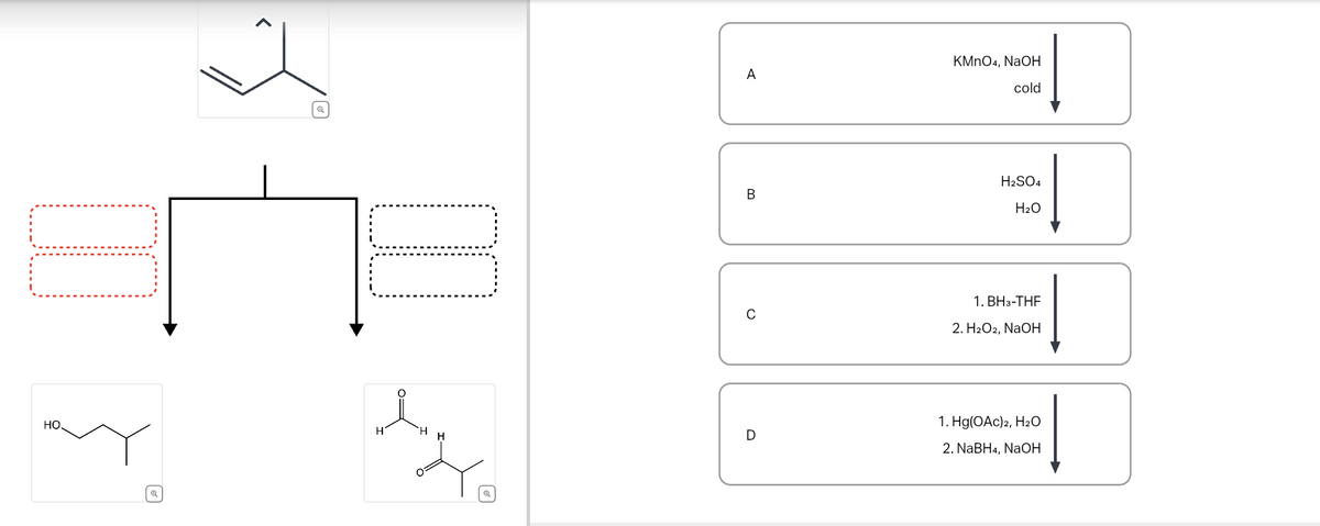 HO.
Q
U
H
joglo
A
B
C
D
KMnO4, NaOH
cold
H2SO4
H₂O
1. BH3-THF
2. H₂O2, NaOH
1. Hg(OAc) 2, H₂O
2. NaBH4, NaOH