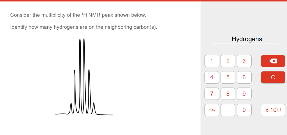 Consider the multiplicity of the ¹H NMR peak shown below.
Identify how many hydrogens are on the neighboring carbon(s).
alle
1
4
7
+/-
2
5
8
Hydrogens
3
6
9
0
X
C
x 100
