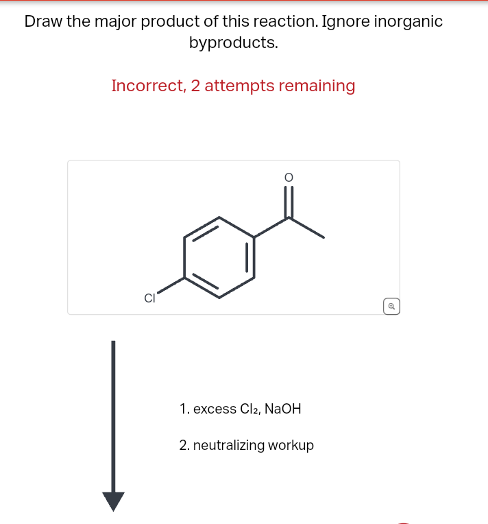 Draw the major product of this reaction. Ignore inorganic
byproducts.
Incorrect, 2 attempts remaining
CI
о
1. excess Cl2, NaOH
2. neutralizing workup
Q