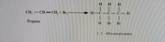 H.
H.
CH, -CH-CH, + Br,-
1 1
Propene
H.
Br
Br
1,2-dibromopropane
